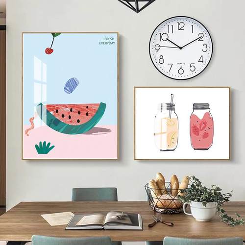 餐厅装饰画北欧挂钟壁画饭厅墙面组合挂画温馨现代简约水果柠檬