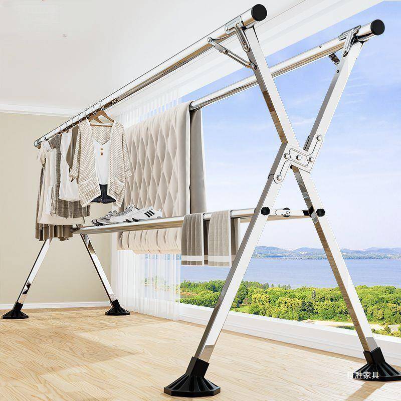 全钢加粗加厚折叠落地挂衣架可伸缩晾衣架室内阳台室外晒被晾衣杆