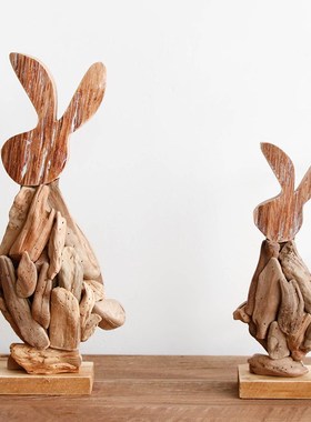 纯手工木质做旧装饰品兔子民宿家居桌面玄关摆件