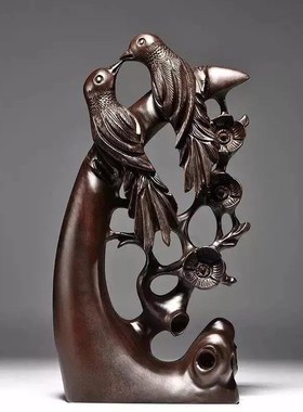 黑檀木质喜上眉梢摆件家居客厅电视柜根雕红木乔迁送礼