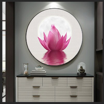 轻奢新中式荷韵壁挂画背景墙古玄荷花晶瓷画风关墙圆形花莲装饰画