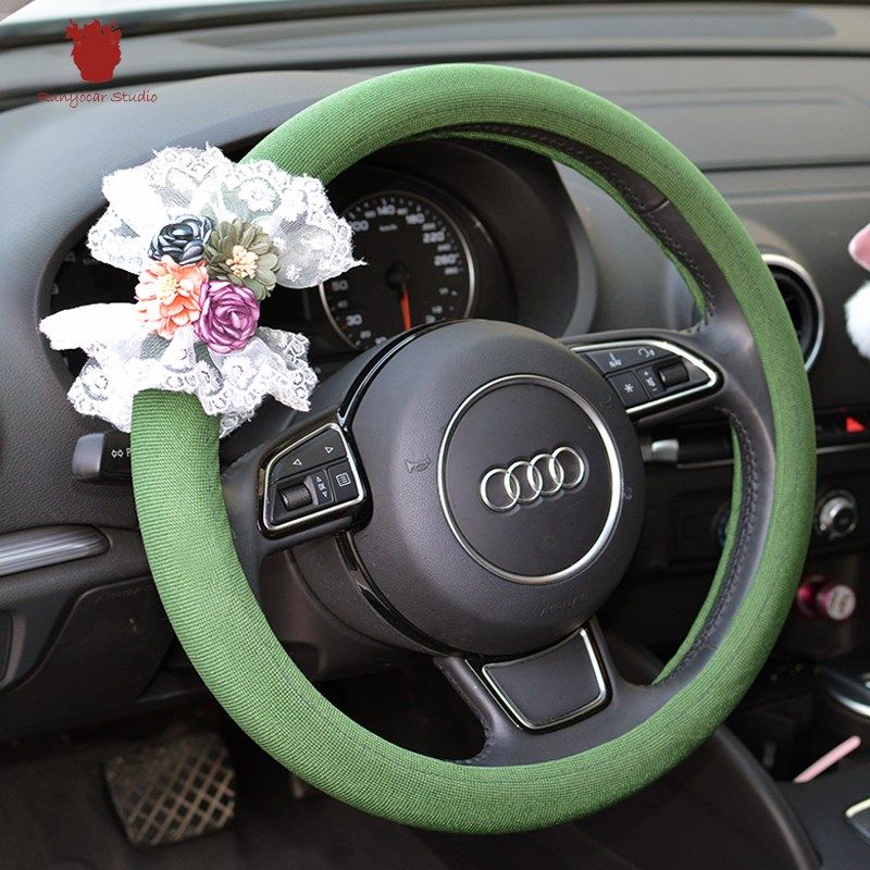复古方向盘套夏季手工花朵亚麻冰丝透气蕾丝方向盘套把套
