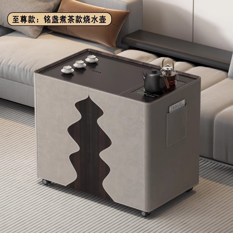 现货意式简约马鞍皮实木小茶几可移动台茶水柜小推车家用客厅沙发