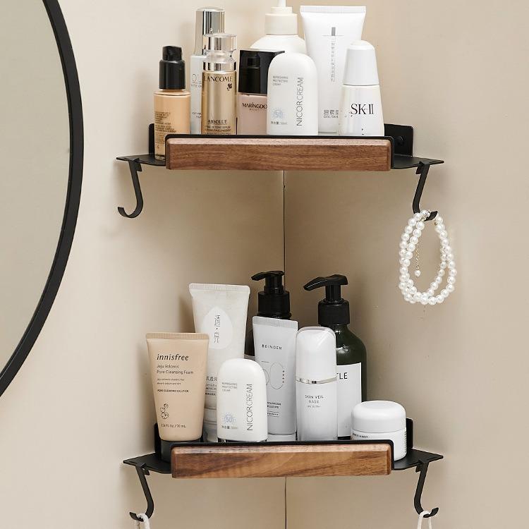 【折扣价】黑胡桃木卫生间置物架浴室转角架淋浴房洗澡间壁挂实木