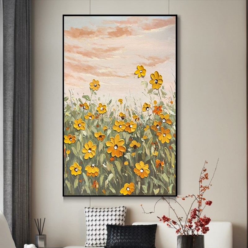 手绘现代简约油画花卉厚油竖版小清新卧室客厅装饰画手工成品带框图片