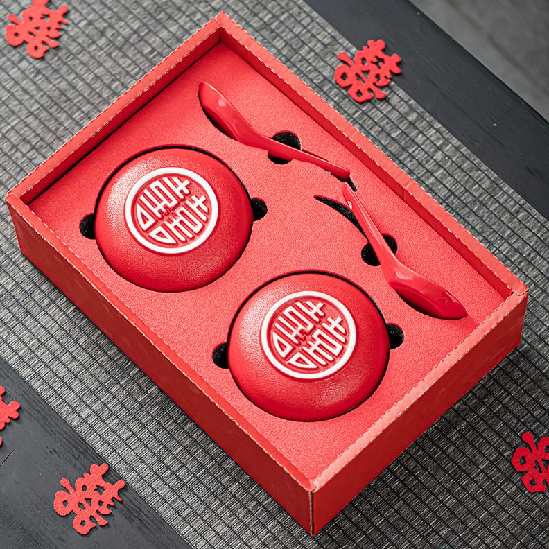 礼物喜碗碗筷套装碗对喜茶具红色敬茶杯一对改红碗杯结婚婚庆口