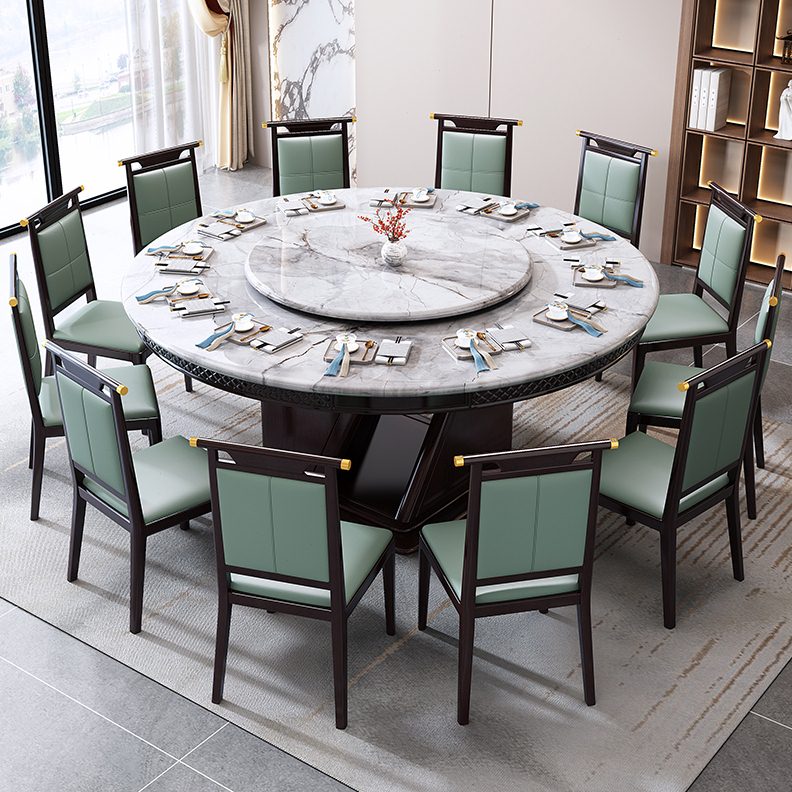 圆桌24实木石带大理石餐桌椅组合超奢新中式石家用新款转盘晶餐台