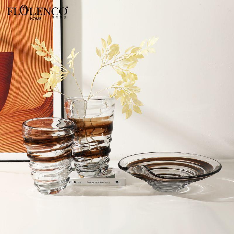 现代轻奢家居拼色圈纹玻璃花瓶别墅客厅餐桌高级感水果盘装饰摆件