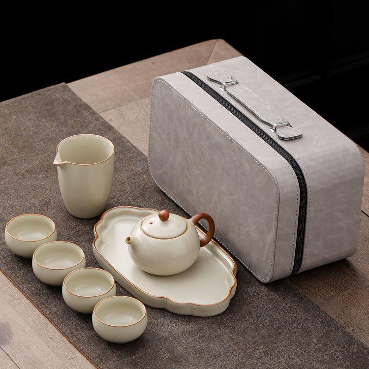 黄汝窑旅行茶具套装功夫陶瓷复古风轻奢高档茶壶茶杯小型茶台茶盘