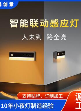 新款联动人体感应小夜灯起夜走廊灯USB充电式磁吸免布线橱柜灯