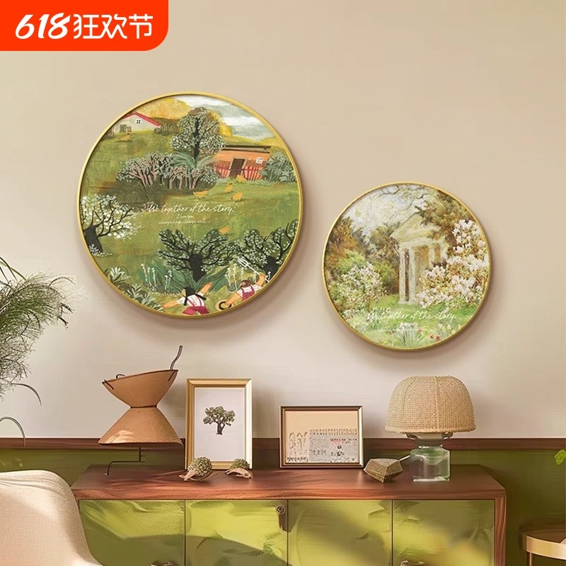 法式复古油画风景小众客厅装饰画圆形沙发背景墙挂画高档餐厅壁画图片