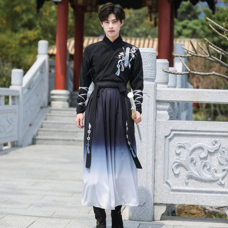 黑色男款中国风汉服武侠古装演出服民族风学生新青少年班服舞台服