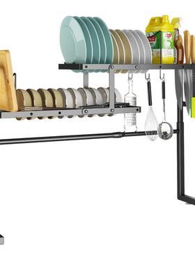 Z型双层不锈钢碗碟架水槽上伸缩置物整理沥水架可调节高度黑白色