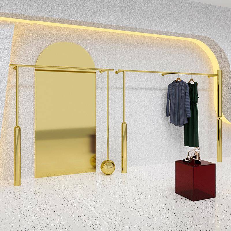 服装店展示架上墙壁挂式落地不锈钢钛金挂衣服架子女装店陈列货架