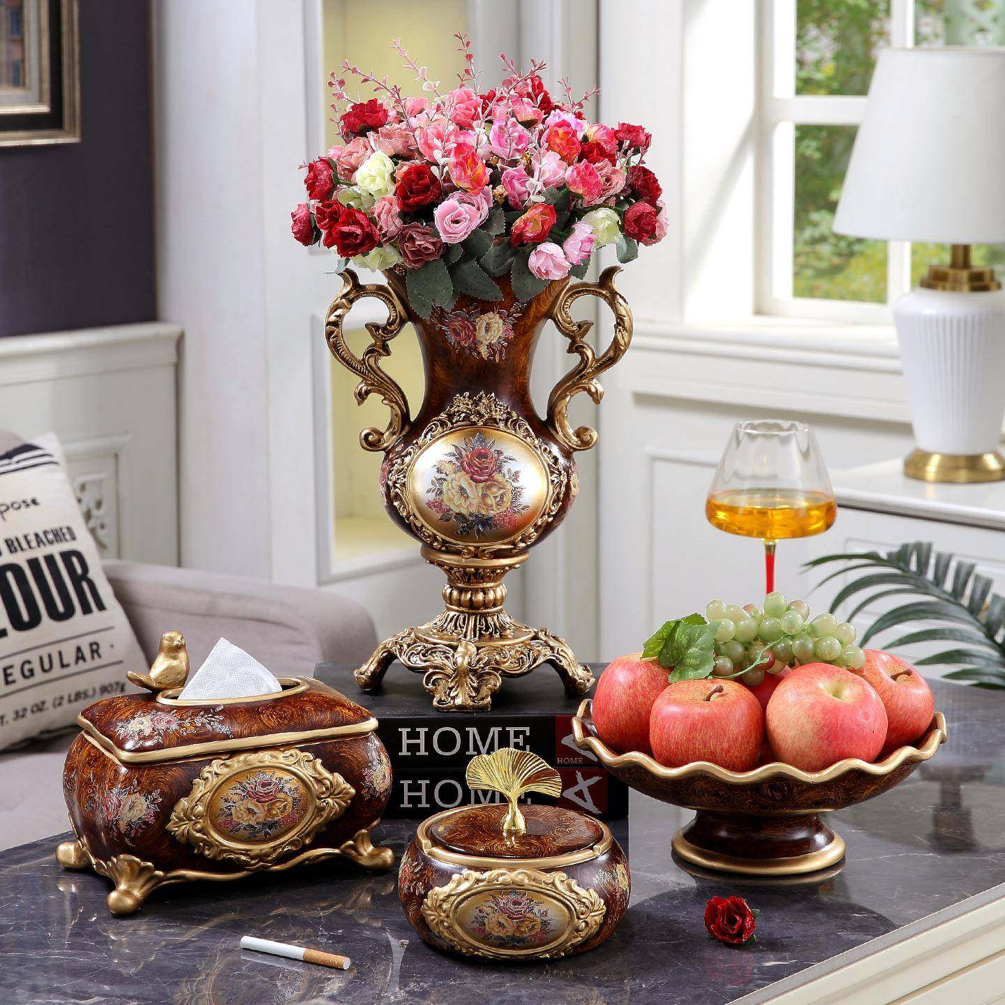 欧式奢华仿真花瓶纸巾盒水果碗四件套摆件客厅茶几电视柜装饰品,电子/电工,接线端子,淘宝优惠券,粉丝福利购,淘宝优惠卷