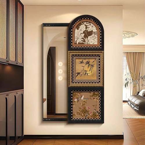 中古风入户推拉镜2025新款隐藏式穿衣镜正对门全身镜壁挂遮挡镜子