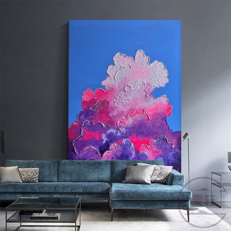 蓝天白云风景纯手绘油画客餐厅装饰画竖版玄关石英砂立体肌理挂画图片