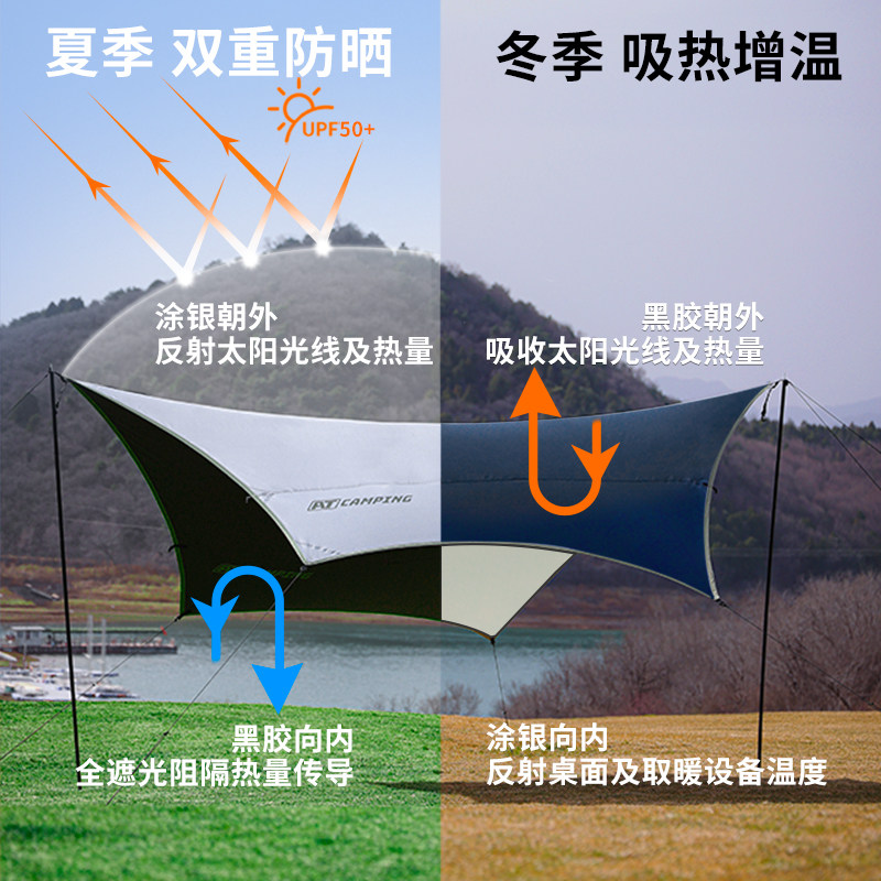 AT户外黑胶涂银天幕露营防风六角双面幕布防雨防晒遮阳棚野营篷布