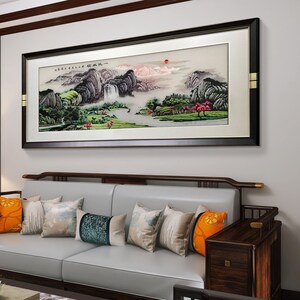 鸿运当头苏绣刺绣挂画山水客厅装饰画新中式沙发背景墙办公室壁画
