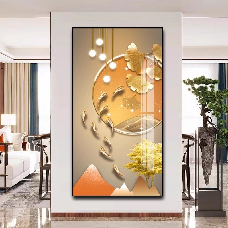 新中式九鱼图客厅玄关装饰画走廊过道鲤鱼现代简约挂画晶瓷镶钻画图片