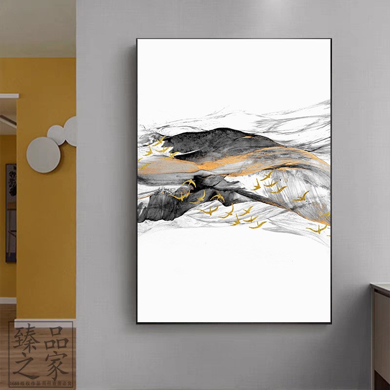 新中式客厅装饰画禅意抽象山水油画玄关餐厅挂画立体砂岩肌理壁画图片