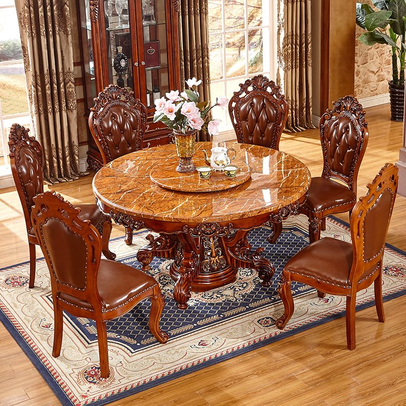 欧式组合小户型大理石圆桌餐厅转盘椅圆形餐桌高档饭桌椅别墅带大