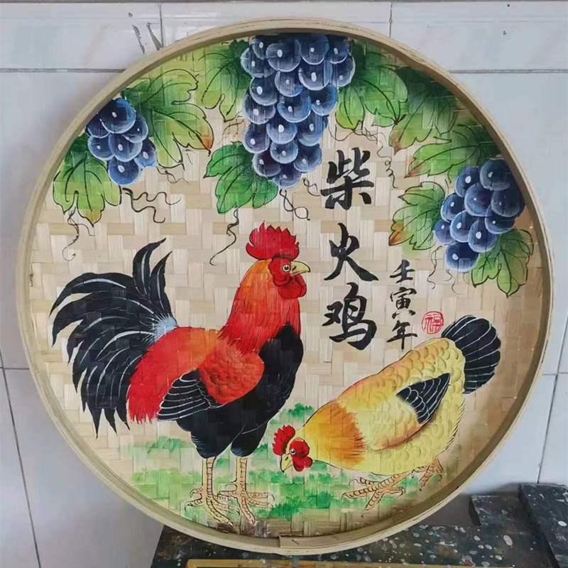 竹编手绘簸箕画装饰招牌字门牌定制饭店农庄墙壁画酒店米筛装饰画图片