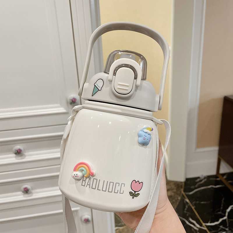网红大肚保温杯大容量女高颜值学生水杯子带吸管可爱便携背带水壶