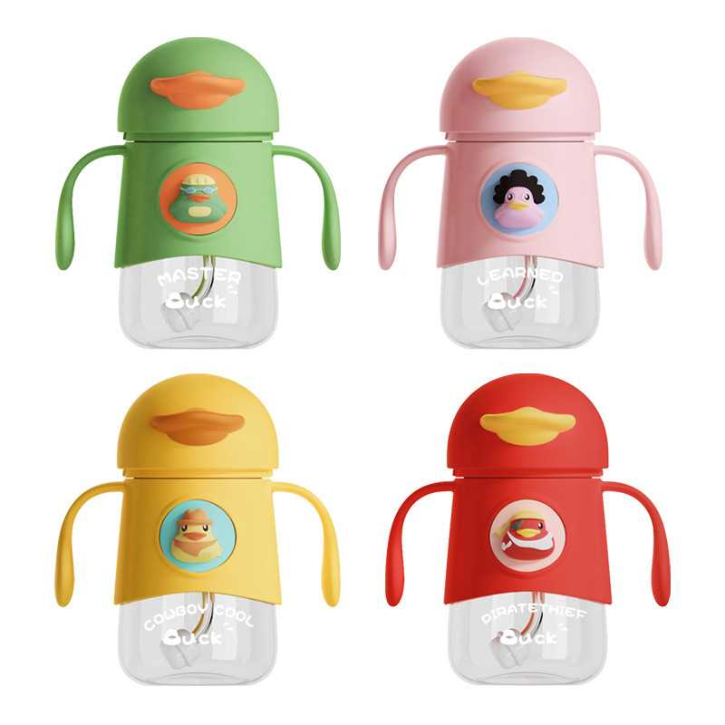 童萌可爱卡通开心鸭鸭吸管太空杯350ml 便携手柄tritan学饮杯礼品