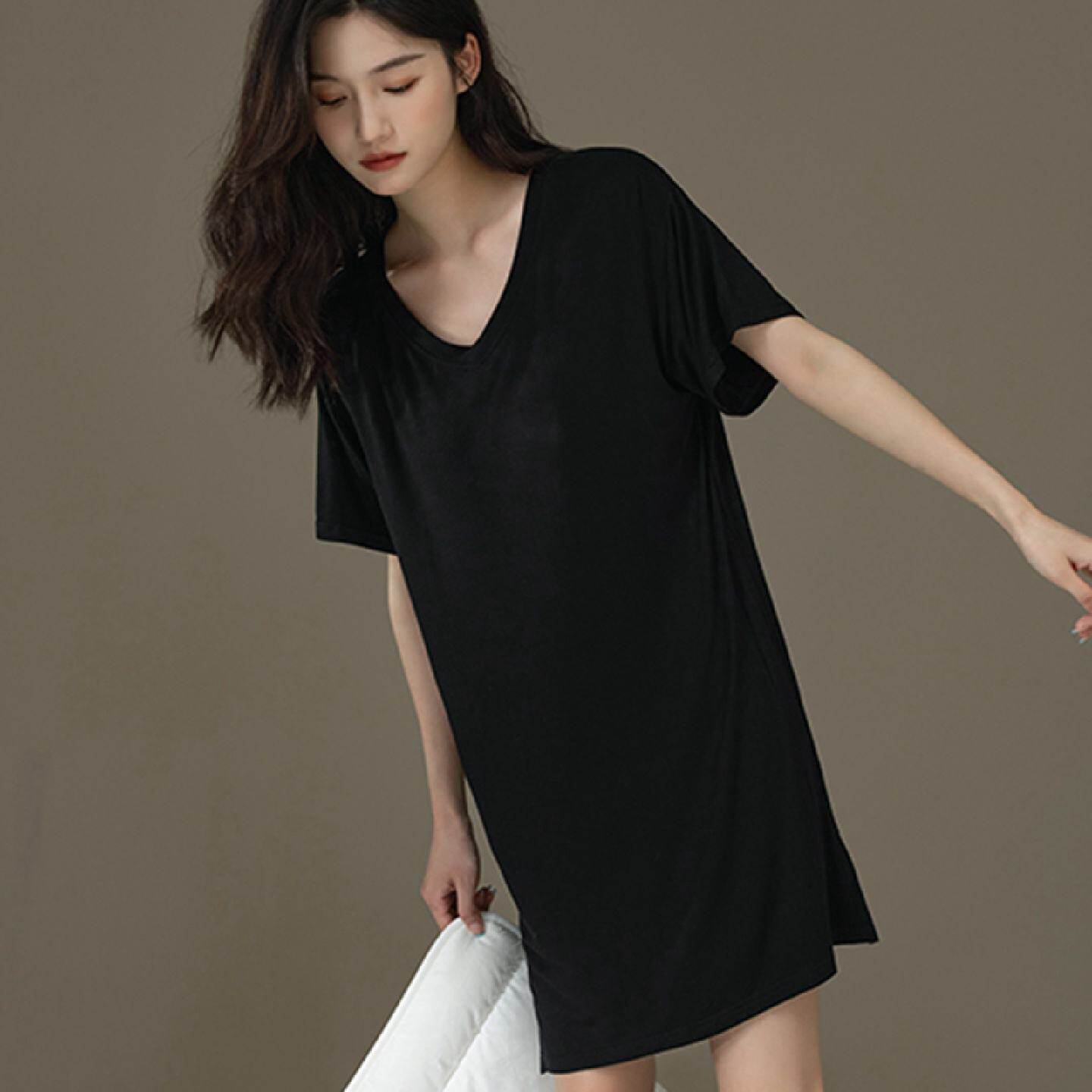 睡裙女夏季莫代尔领带胸垫短袖高级感休闲家居服薄款舒适睡衣