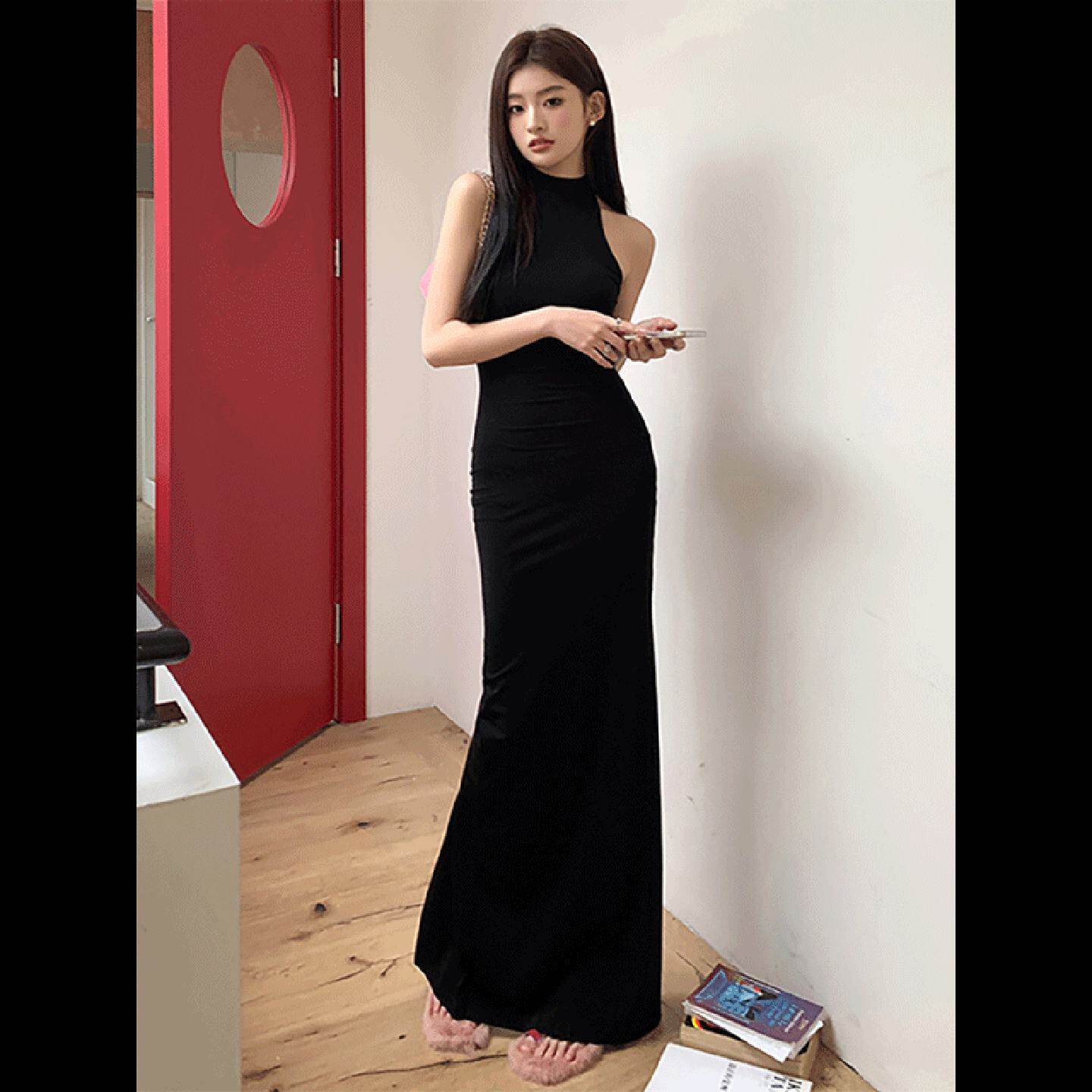 欧美式辣妹黑色连衣裙女性感紧身法式气质御姐后妈开叉包臀长裙子