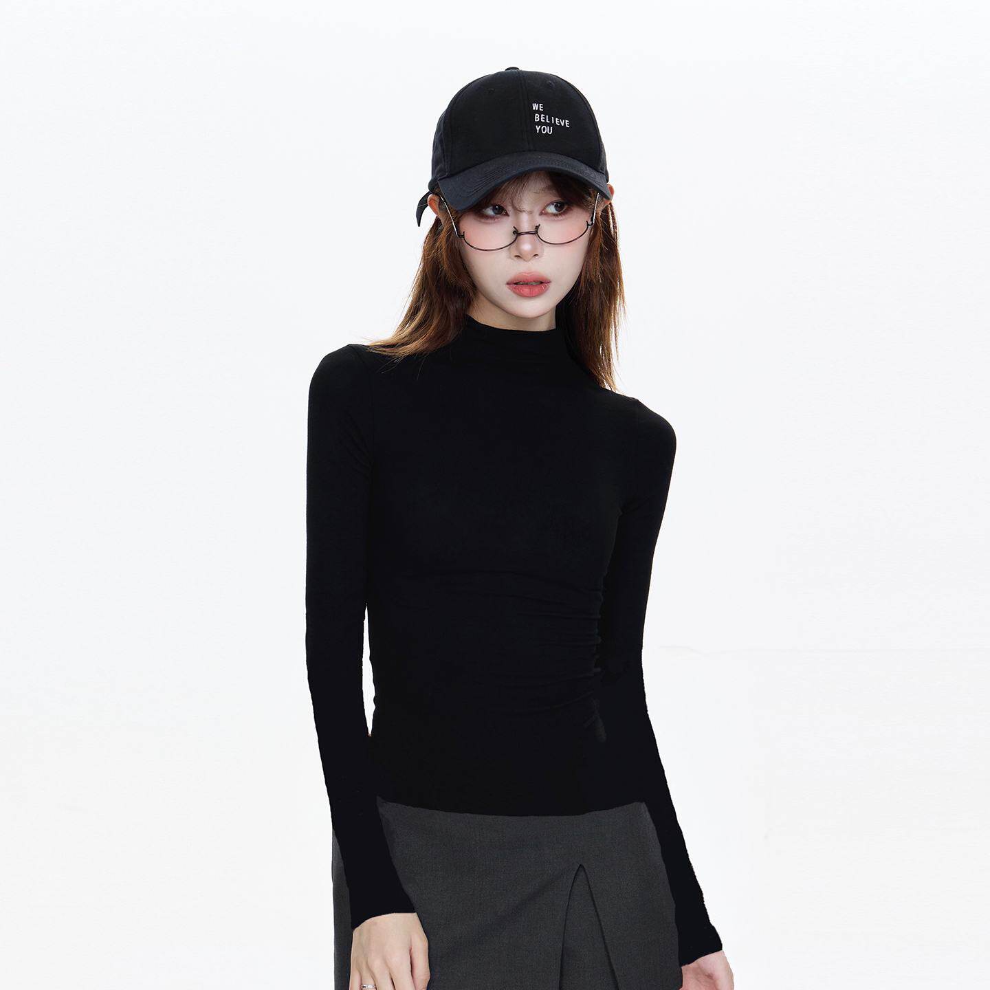 曼品质黑色半高领长袖t恤女2026早春小个子新款打底衫内搭百搭修