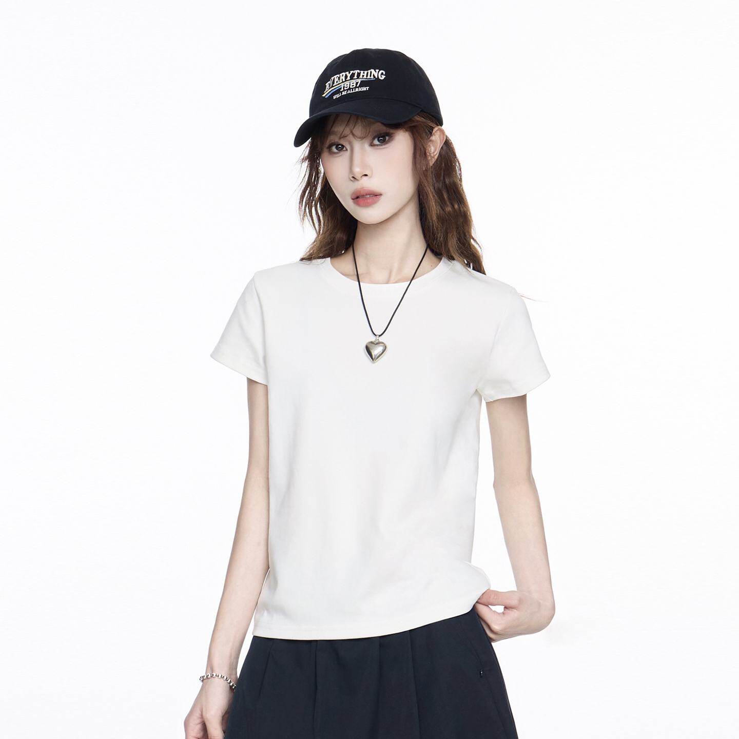 白色圆领正肩短袖T恤女2026夏季韩版小个子简约基础修身打底上衣