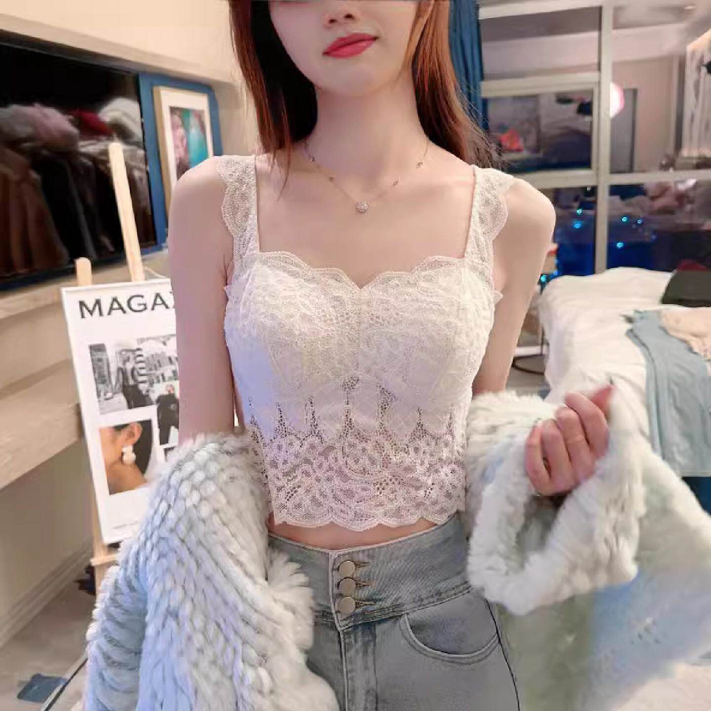 卡卡法式蕾丝吊带美背女带胸垫薄杯大胸显小外穿性感内搭背心内衣