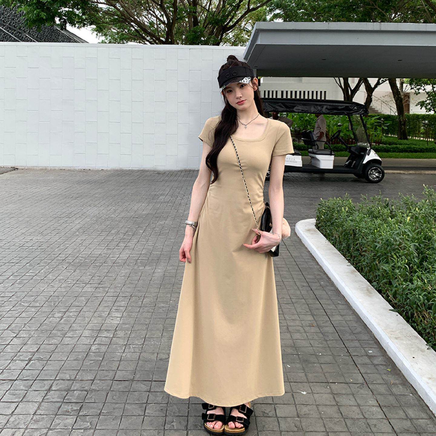 短袖连衣裙掐腰裙女夏季弹力u领修身显瘦纯色长裙子
