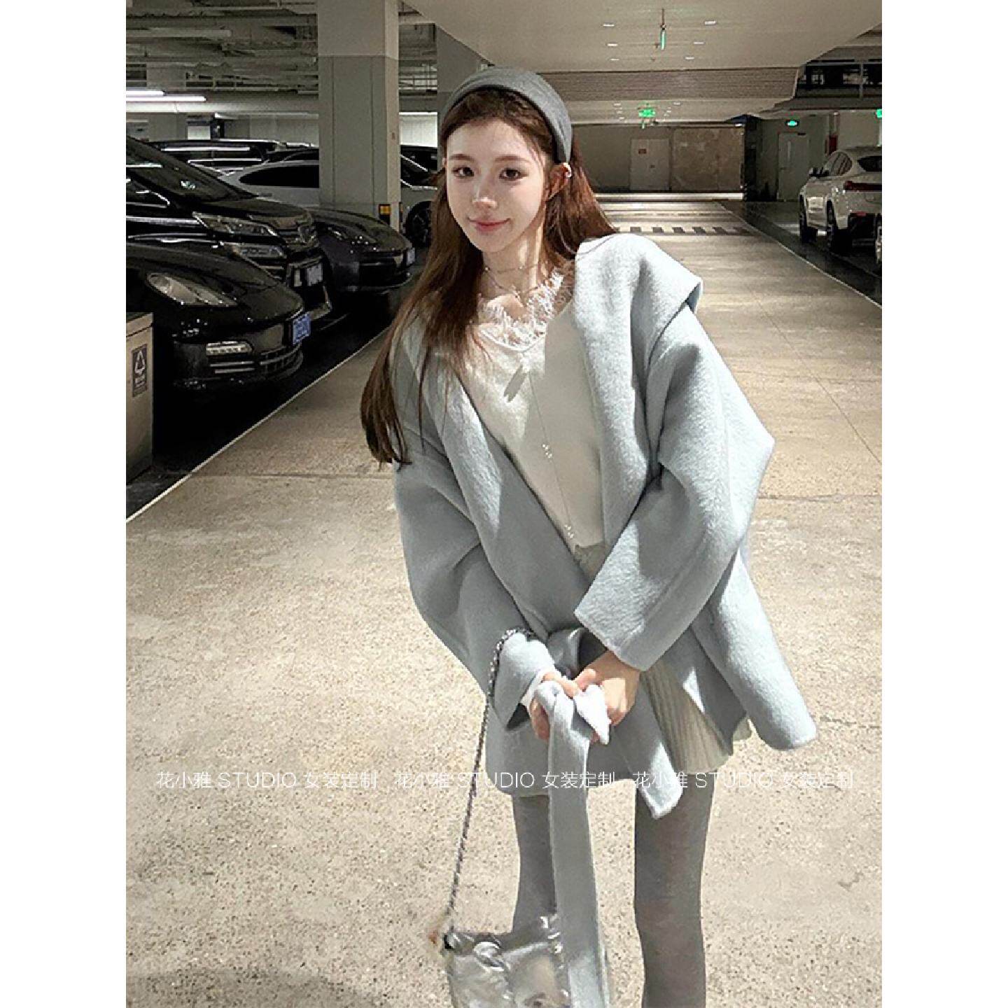 蓝色双面羊绒斗篷大衣女2026新款冬小个子收腰高级感短款毛呢外套