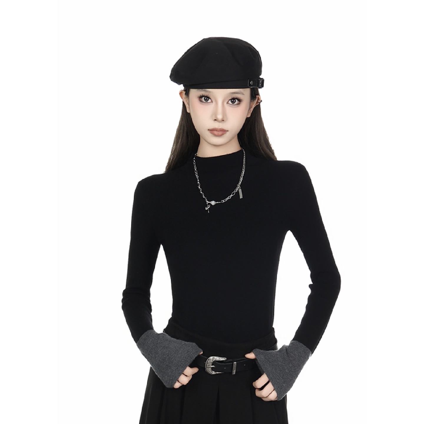 黑色半高领毛衣女拼接设计感2026早春小个子修身显瘦内搭打底衫