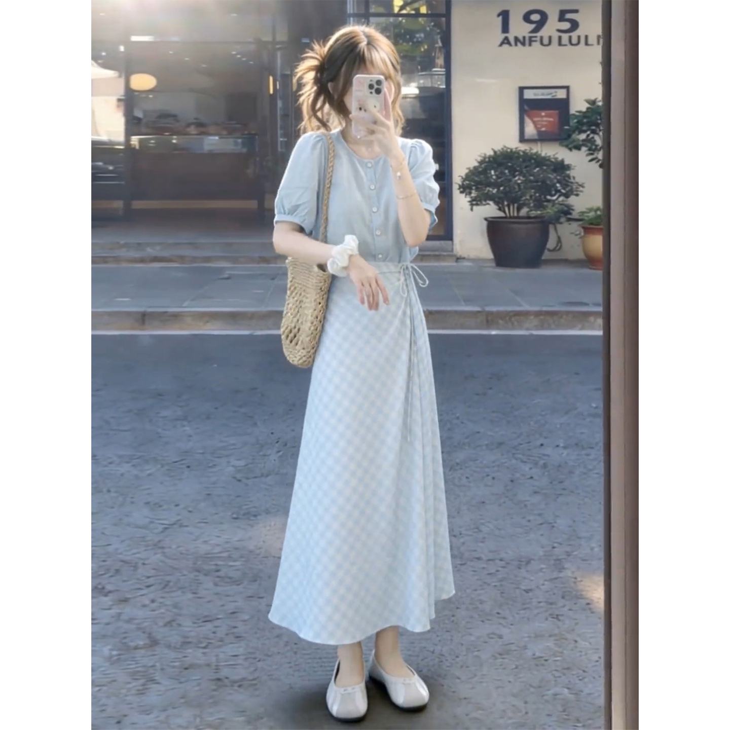 曼品质2026新款蓝色衬衫连衣裙子女夏季韩系一整套穿搭海边度假格
