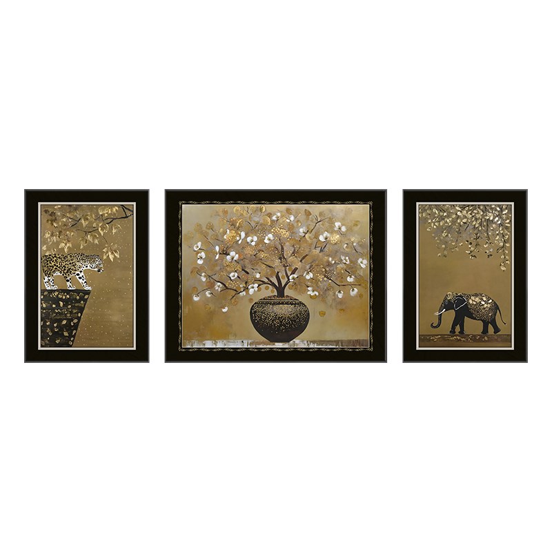 中古风发财树客厅装饰画复古大象沙发背景墙壁画寓意好三联组合画图片