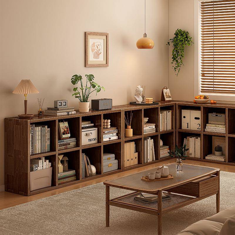 中式复古实木格子柜落地书架一体榫卯柜子储物柜矮书柜收纳置物架