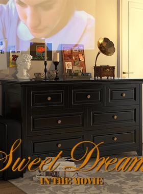 0J美式实木斗柜主卧床尾柜子靠墙黑色复古五六斗柜小立柜储物收纳