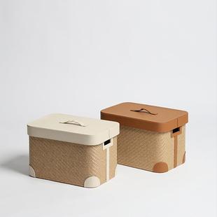 收纳箱带盖整理箱收纳箱衣服家用黄麻手工编织皮革脏衣篓