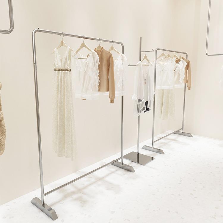 服装店展示架女装货架落地式衣服架子不锈钢拉丝银色挂衣架中岛架