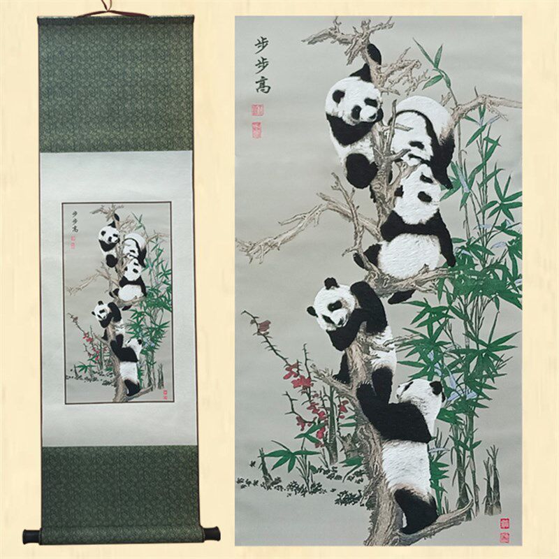 四川非遗刺绣五子登科熊猫挂画蜀锦手工蜀锦中国风外事礼品