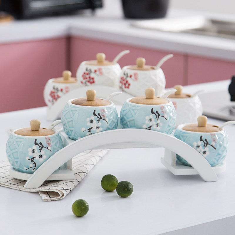 厨房用品调料架陶瓷有盖调料罐组合装调味盒佐料盒调料盒收纳套装