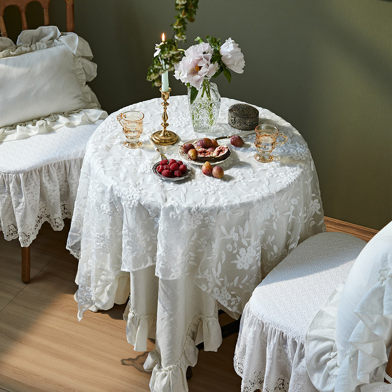 法式白色蕾丝刺绣台布ns风田园春游长方形茶几盖巾圆餐桌布