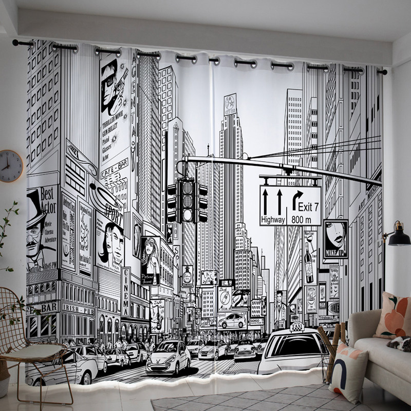 城市风景窗帘建筑街景工业风个性创意卧室客厅ns定制遮光布