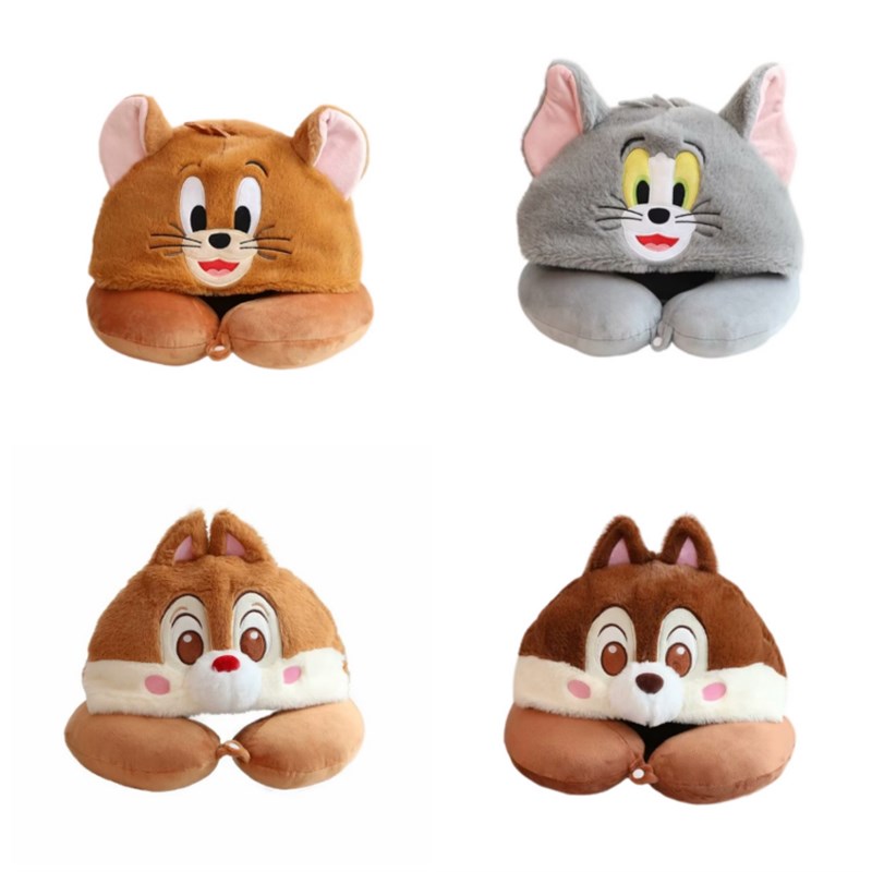 花栗鼠U型枕连帽靠枕脖子护颈枕旅行坐车可爱猫和老鼠枕头