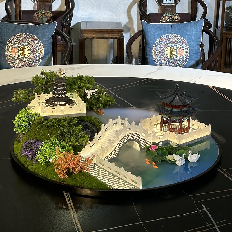 酒店餐桌中间摆件灯光景观桌花转盘摆花大圆桌装饰品餐厅摆设