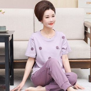 中老年人睡衣女夏季薄款纯棉短袖长裤妈妈套头家居服宽松大码套装